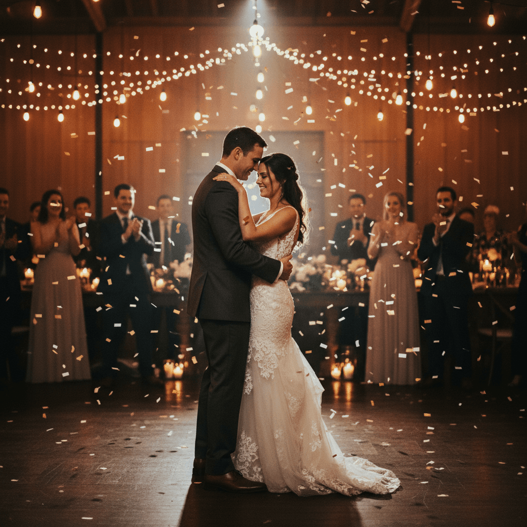 Bride and groom sharing a quiet first dance in warm reception light
