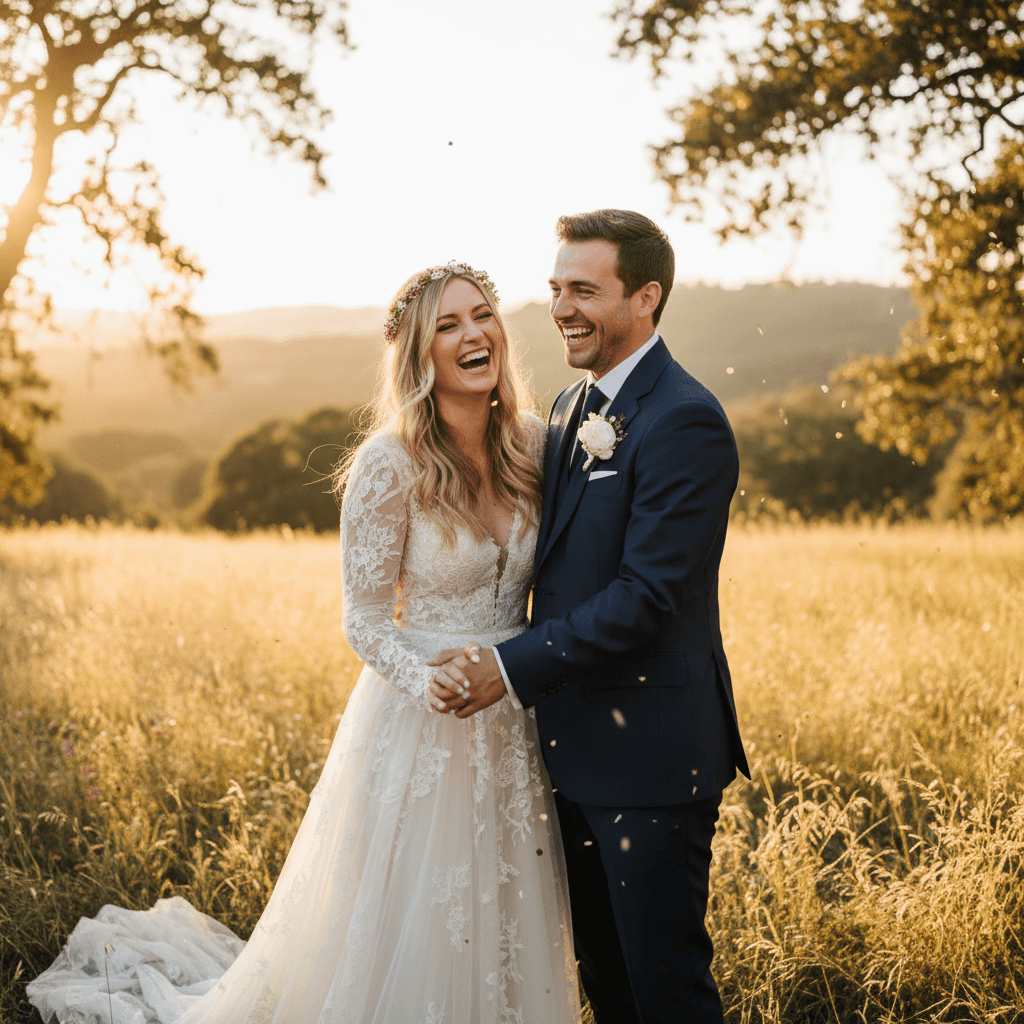 Bride and groom laughing together during golden hour outdoors