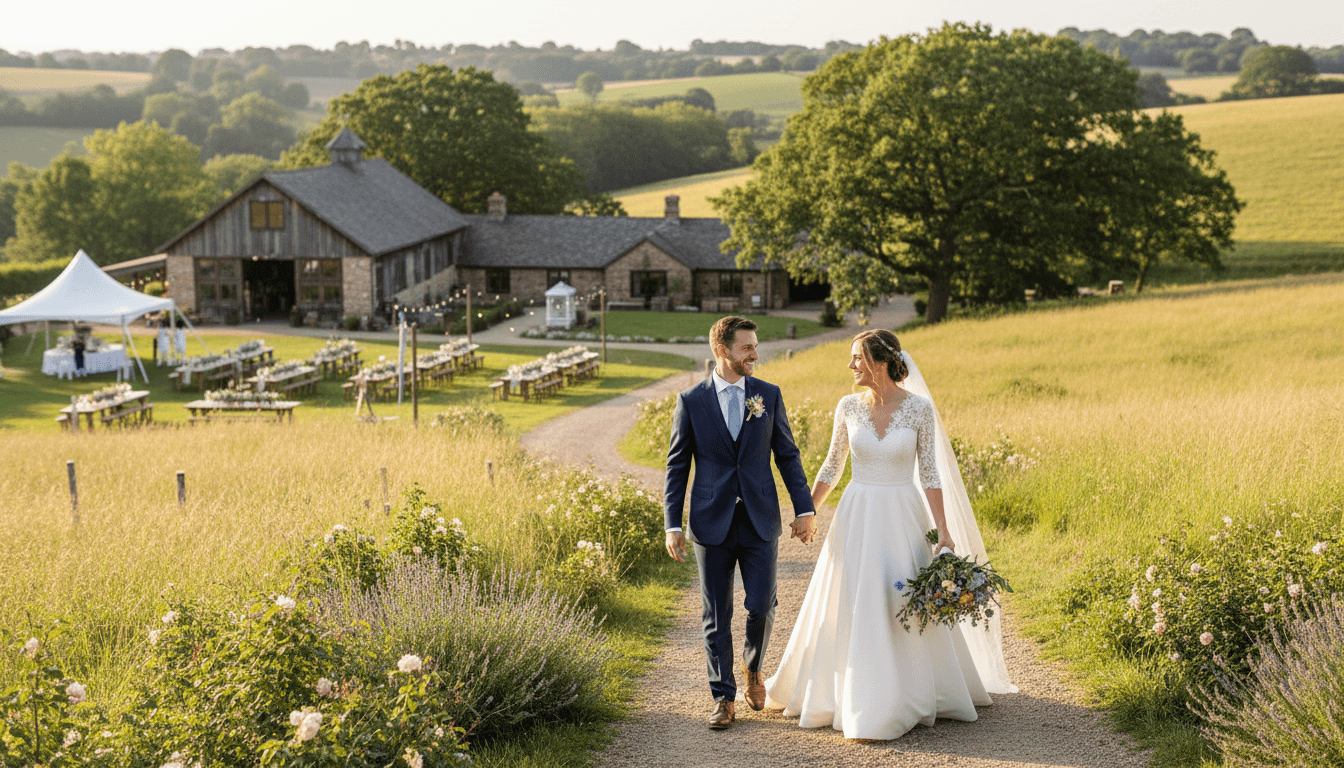 Couple walking hand in hand through a countryside wedding venue