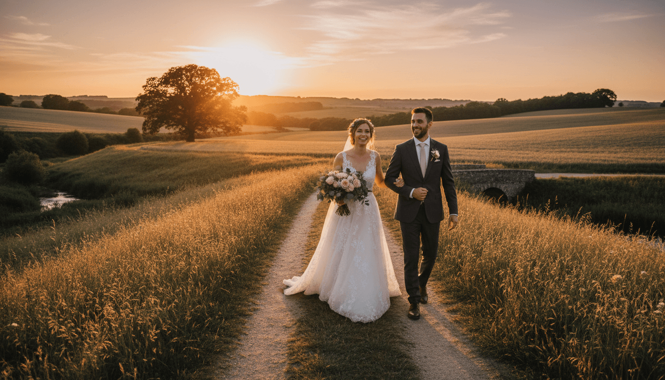 Wedding couple walking together in a sunlit field