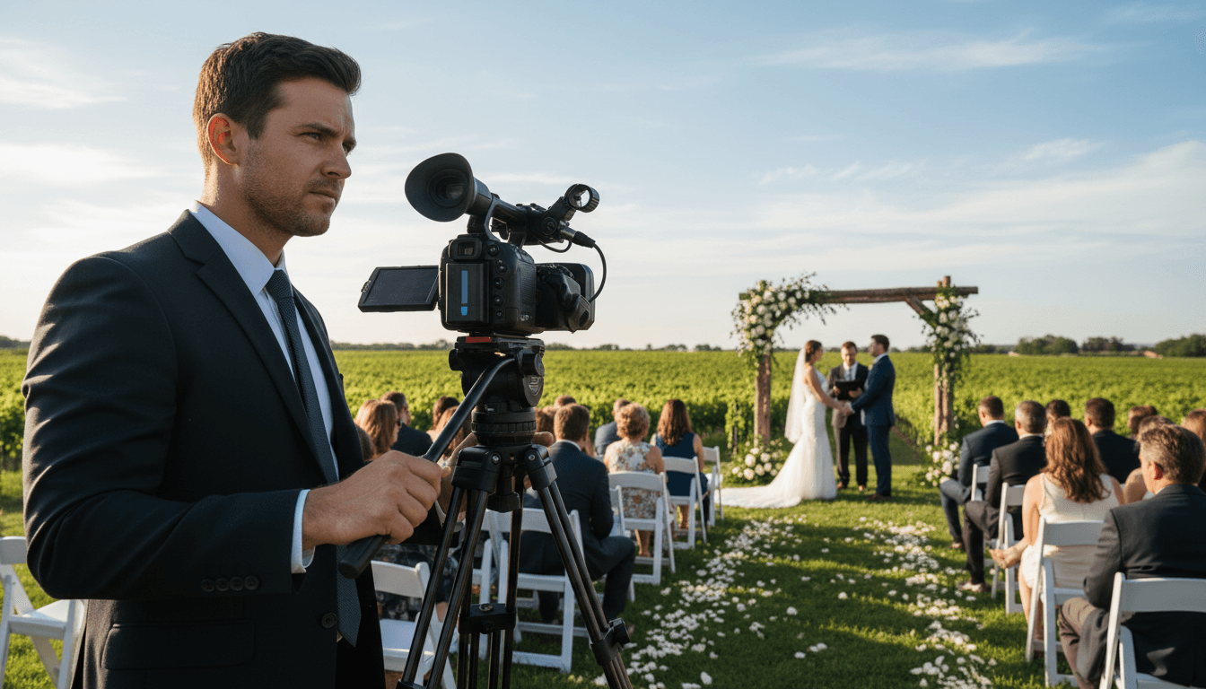 Videographer discreetly filming a wedding ceremony from the side