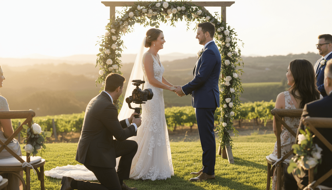 Wedding videographer filming a couple at their outdoor ceremony during golden hour